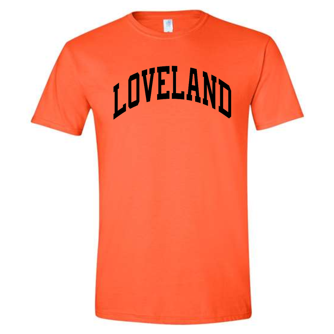 Loveland Curved Black T-Shirt on Orange-Lemons and Limes Boutique