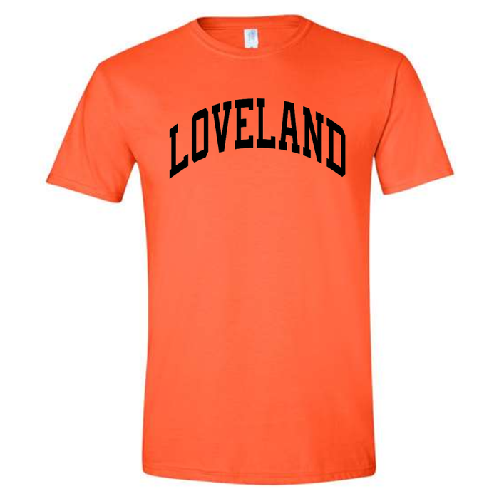 Loveland Curved Black T-Shirt on Orange-Lemons and Limes Boutique