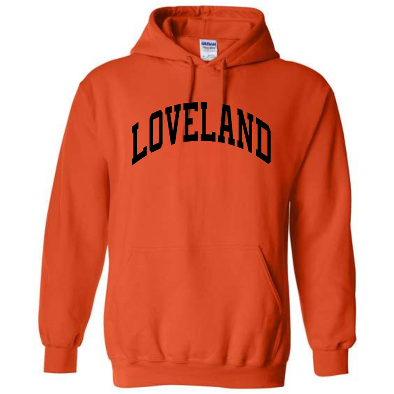 Curved Loveland Black Hoodie on Orange-Graphic Tee-Lemons and Limes Boutique