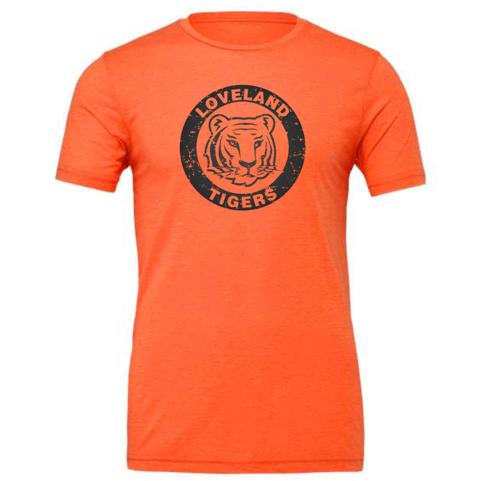 Loveland Tigers Vintage Circle in Black Short Sleeve T-Shirt on Orange-ADULT-Lemons and Limes Boutique