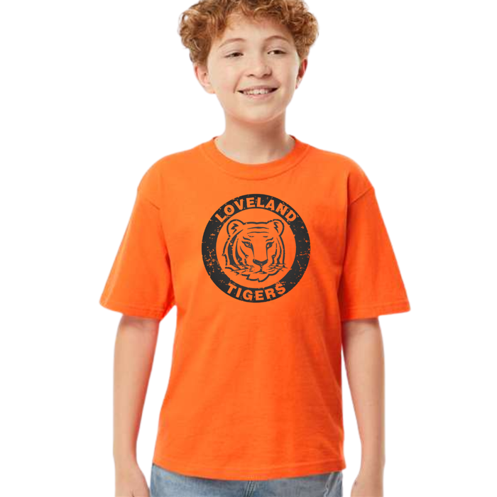 Loveland Tigers Vintage Circle Black on Short Sleeve T-Shirt on Orange-YOUTH-Lemons and Limes Boutique