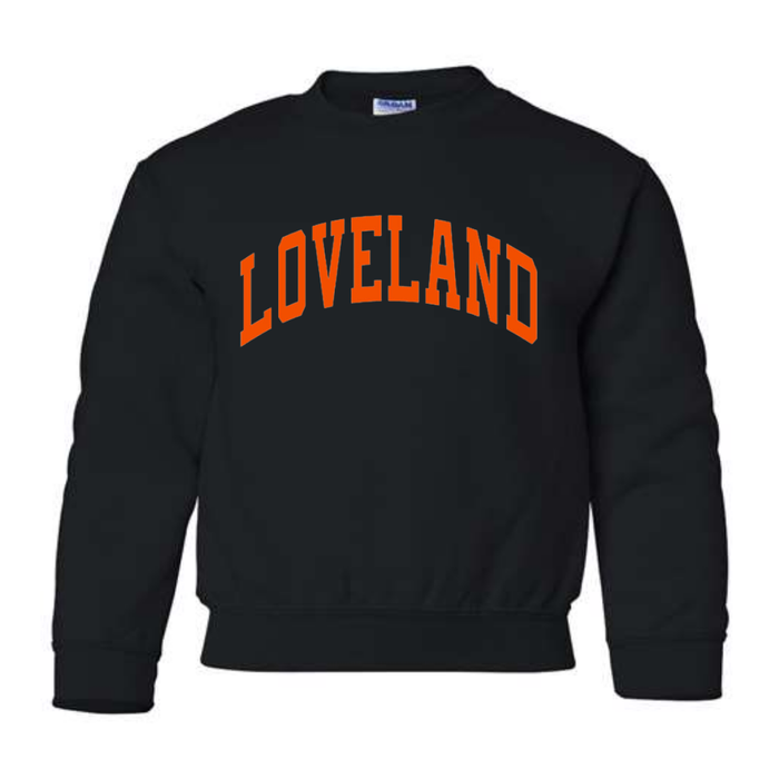 Curved Orange Loveland Sweatshirt on Black-YOUTH-Lemons and Limes Boutique