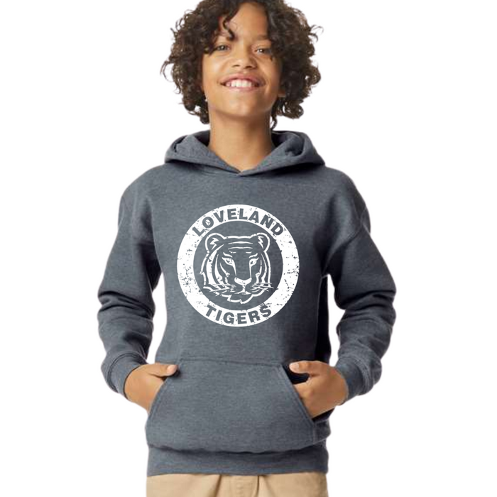 Loveland Tigers Vintage Circle on Heather Charcoal Hoodie-Youth-Lemons and Limes Boutique