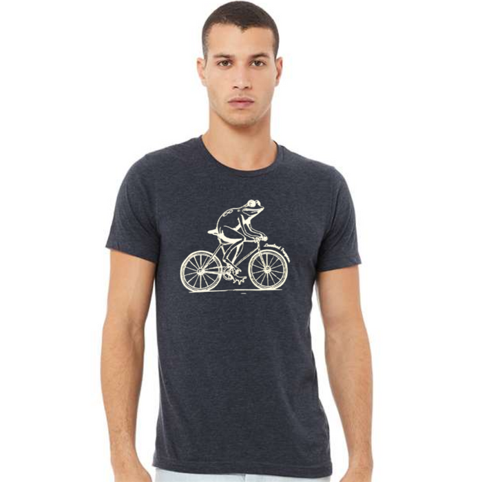 Loveland Frogman on Bike White T-Shirt on Heather Navy--Lemons and Limes Boutique