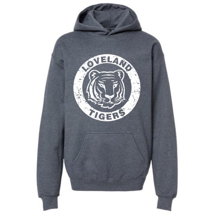 Loveland Tigers Vintage Circle on Heather Charcoal Hoodie-Youth-Lemons and Limes Boutique