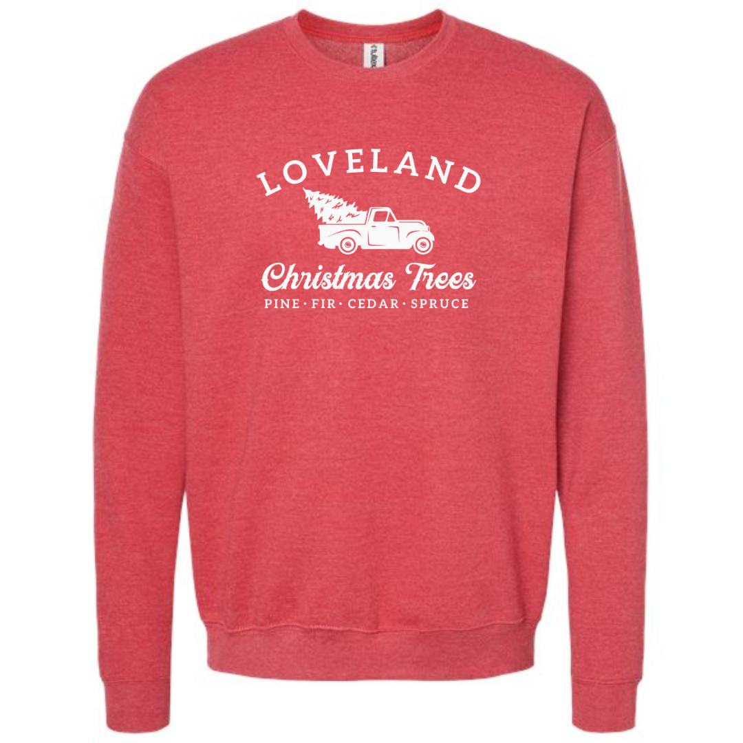 Loveland Christmas Trees Sweatshirt on Heather Red--Lemons and Limes Boutique