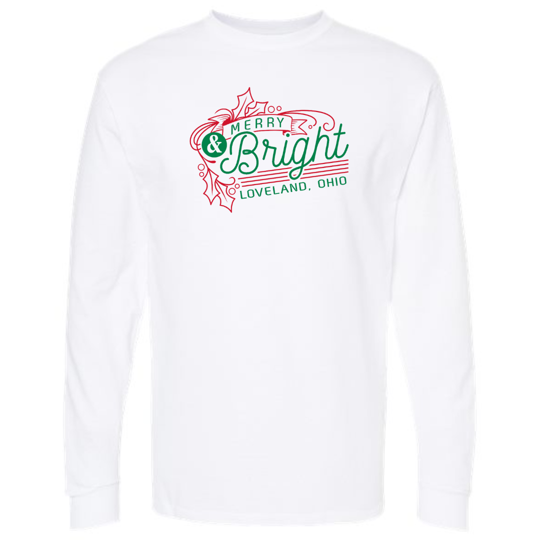 Merry and Bright in Loveland Long Sleeve T-Shirt on White--Lemons and Limes Boutique