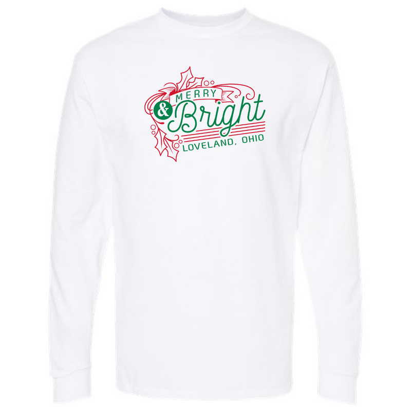 Merry and Bright in Loveland Long Sleeve T-Shirt on White--Lemons and Limes Boutique