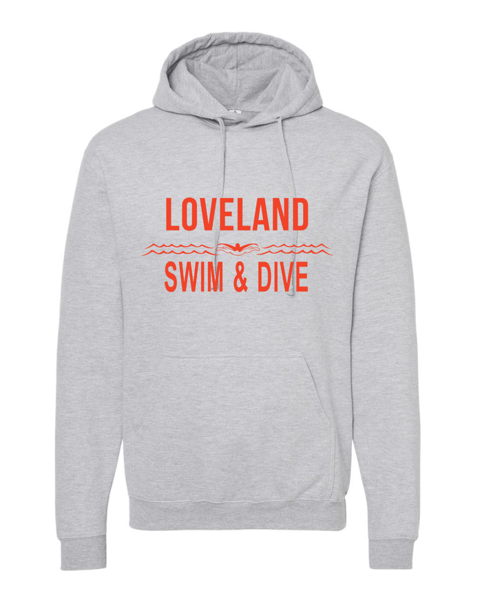 Loveland Swim and Dive in Orange Hoodie on Heather Grey
