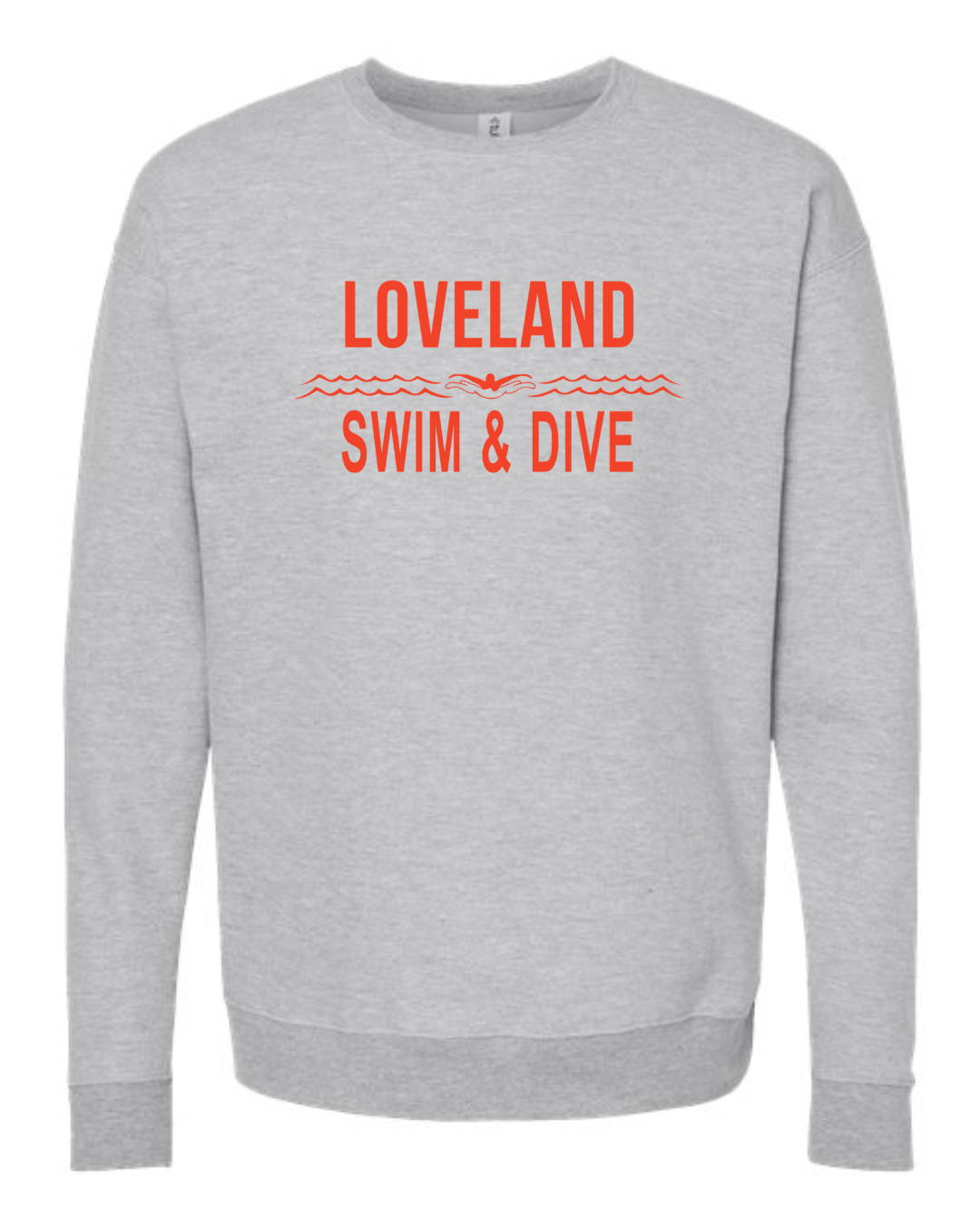 Loveland Swim and Dive in Orange Crewneck on Heather Grey