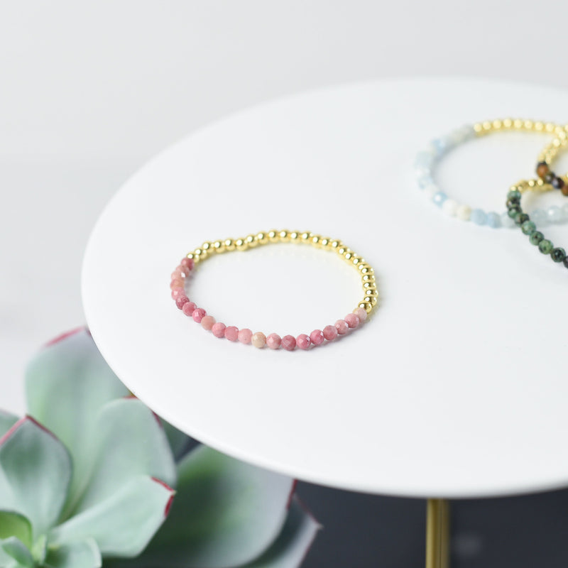 Taylor Gemstone and Gold Beaded Stretch Bracelet-Bracelets-Rhodochrosite-Lemons and Limes Boutique