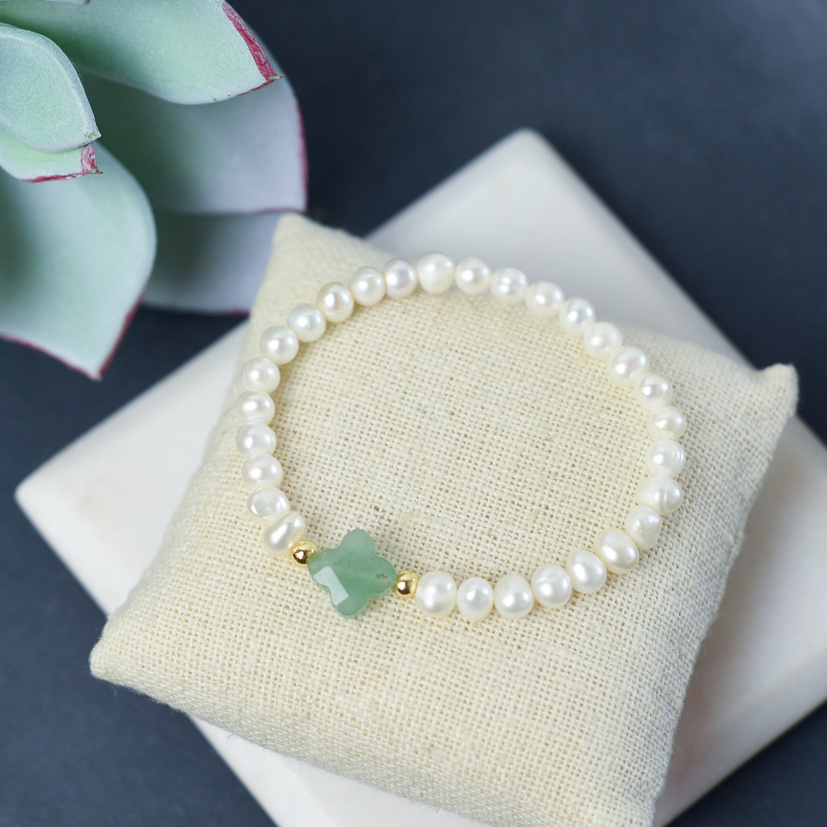 Lydia Pearl and Gemstone Stretch Bracelet-Green Adventurine-Lemons and Limes Boutique