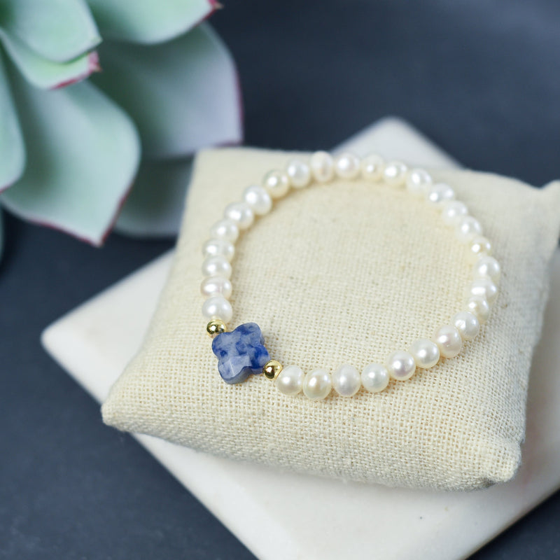 Lydia Pearl and Gemstone Stretch Bracelet-Sodalite-Lemons and Limes Boutique