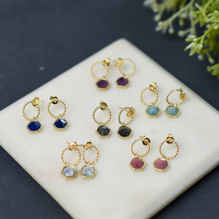 Olivia Circle and Gemstone Drop Earrings-Lemons and Limes Boutique
