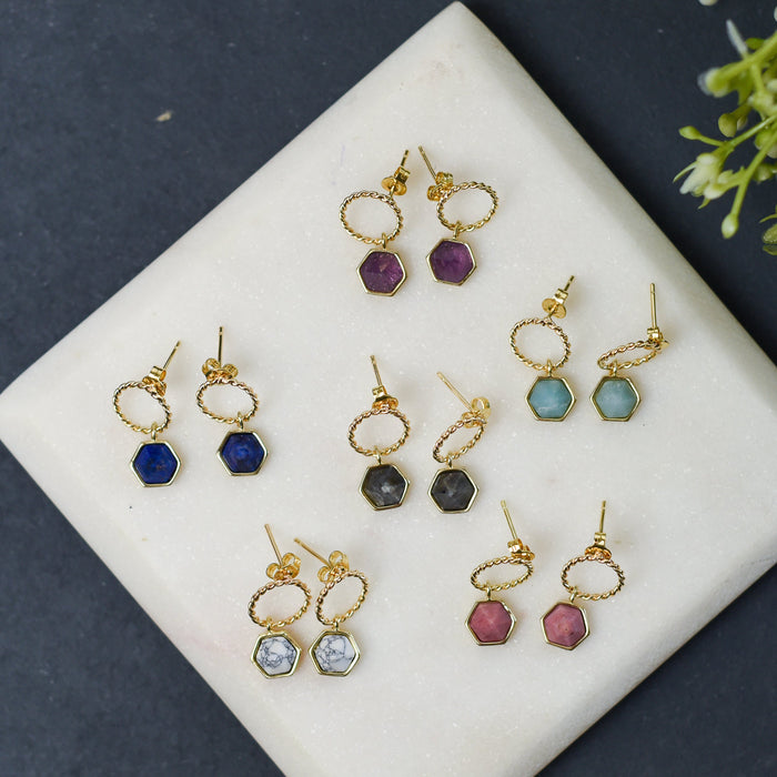 Olivia Circle and Gemstone Drop Earrings-Lemons and Limes Boutique