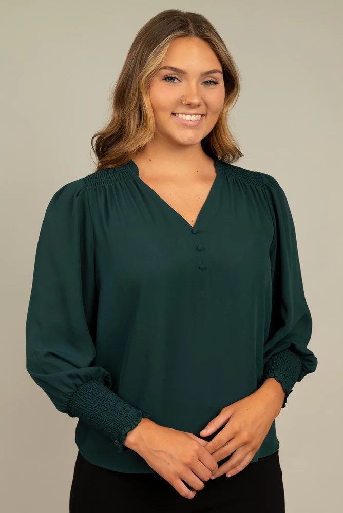 Long Sleeve Smocked Blouse in Pine--Lemons and Limes Boutique