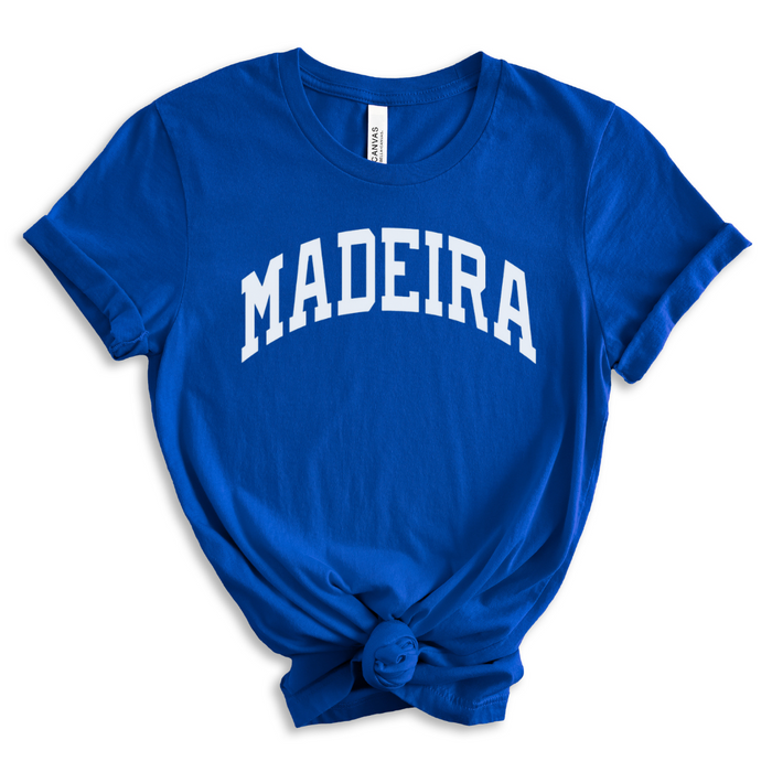 White Curved Madeira on Royal Blue Short Sleeve TShirt--Lemons and Limes Boutique