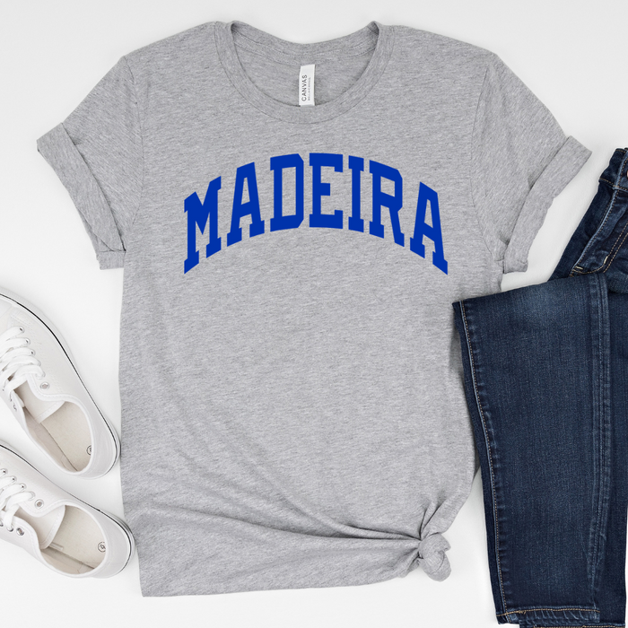 Curved Royal Madeira Short Sleeve Tee on Athletic Gray-Lemons and Limes Boutique