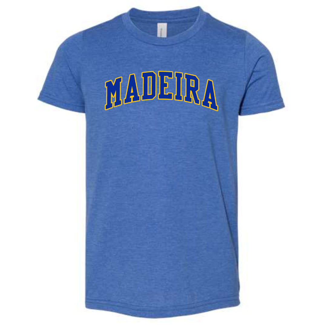 Two Color Collegiate Block Madeira Short Sleeve Tee on Heather True Royal-Youth Small-Lemons and Limes Boutique