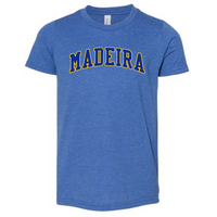 Two Color Collegiate Block Madeira Short Sleeve Tee on Heather True Royal-Youth Small-Lemons and Limes Boutique