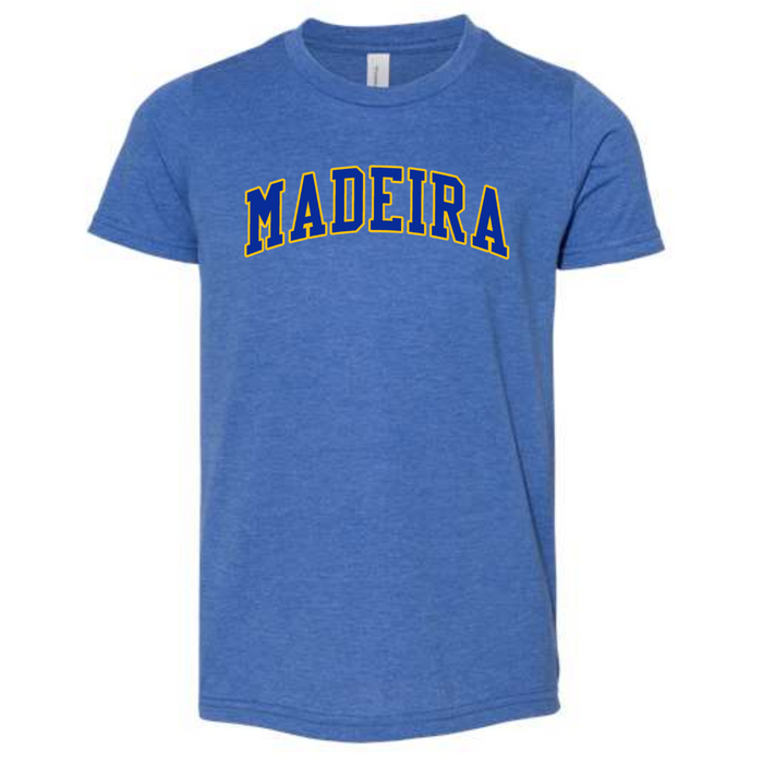 Two Color Collegiate Block Madeira Short Sleeve Tee on Heather True Royal-Youth Small-Lemons and Limes Boutique