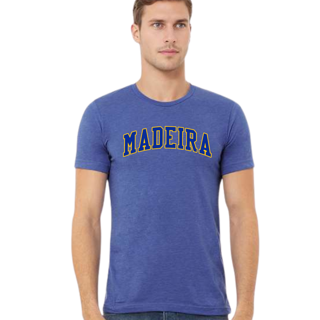 Two Color Collegiate Block Madeira Short Sleeve Tee on Heather True Royal-Adult Small-Lemons and Limes Boutique