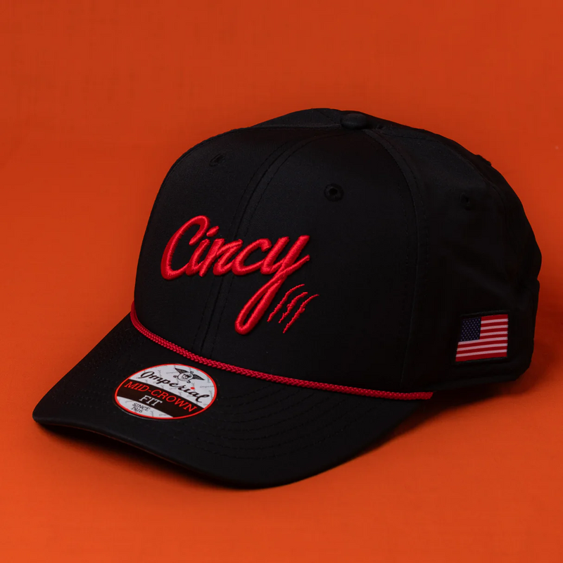 Mid-Crown in Black with Red Logo and Red Rope by The Cincy Hat--Lemons and Limes Boutique