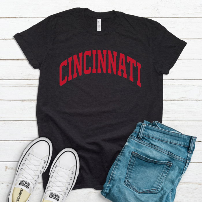 Cincinnati Red Block Curve T-Shirt on Heather Black