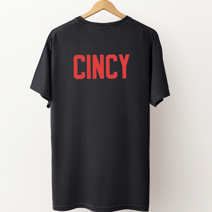 Red Block CINCY T-Shirt on Garment Dyed Black