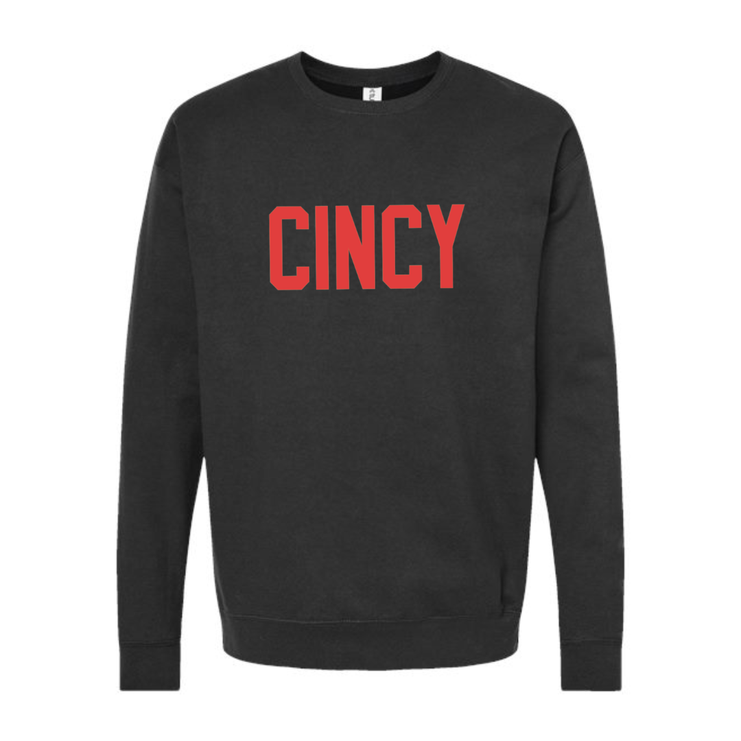 Red Block CINCY on Black Crewneck