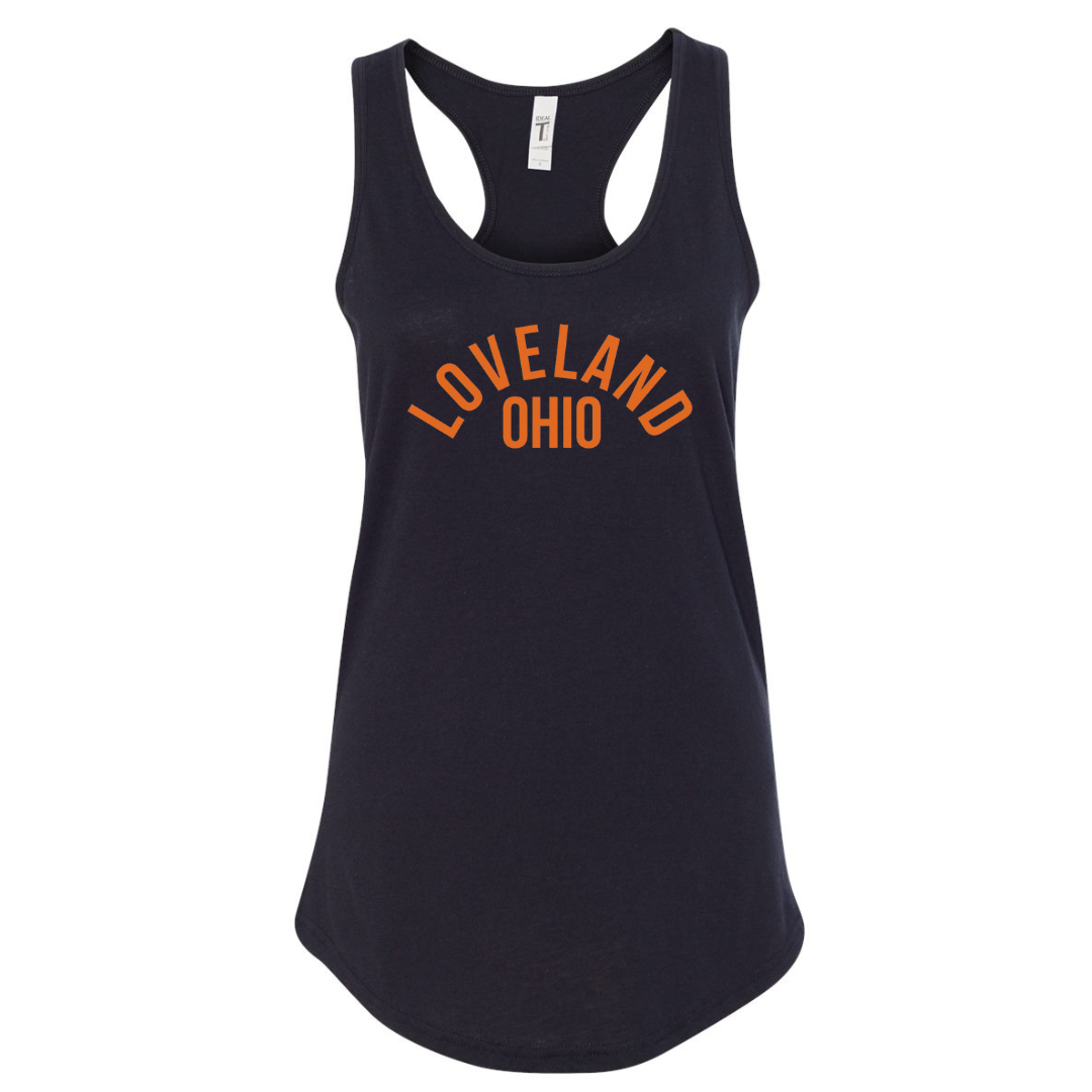 Loveland Ohio in Orange Racerback Tank on Black--Lemons and Limes Boutique