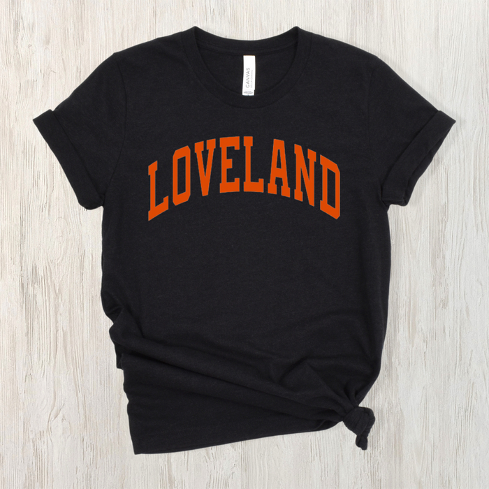 Curved Orange Loveland T-Shirt on Black Heather-Graphic Tee-Lemons and Limes Boutique