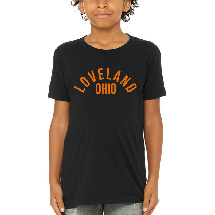 Orange Loveland Ohio Curved T-Shirt on Black-YOUTH--Lemons and Limes Boutique