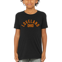 Orange Loveland Ohio Curved T-Shirt on Black-YOUTH--Lemons and Limes Boutique