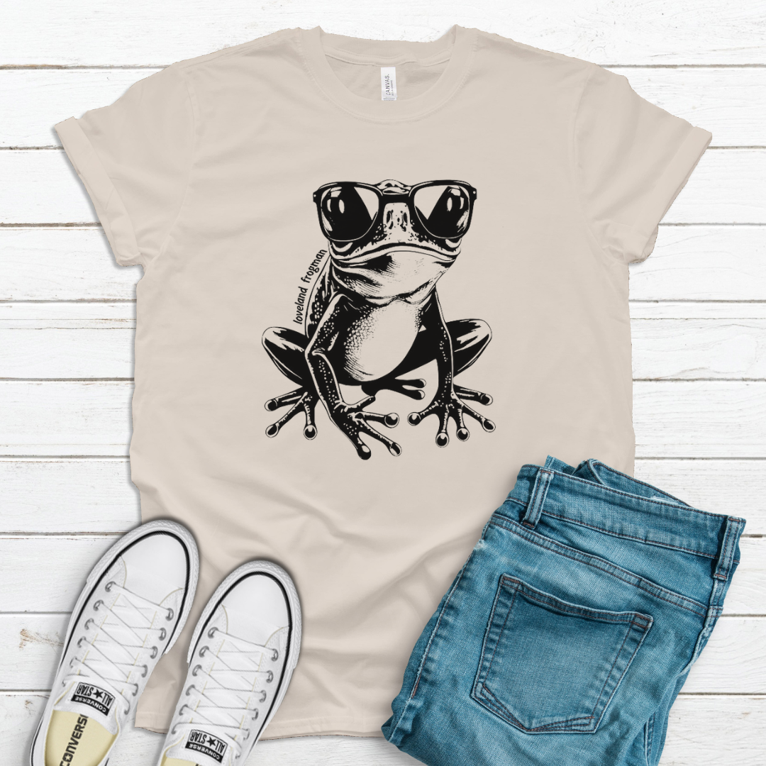 Loveland Frogman with Sunglasses T-Shirt on Oatmeal--Lemons and Limes Boutique