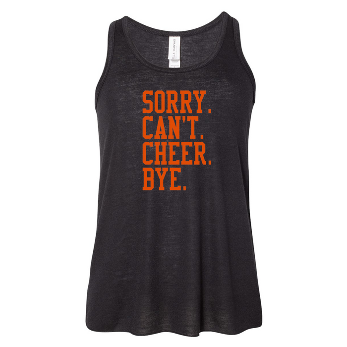 Sorry. Can't. Cheer. Bye. in Orange Racerback Tank on Black-YOUTH--Lemons and Limes Boutique
