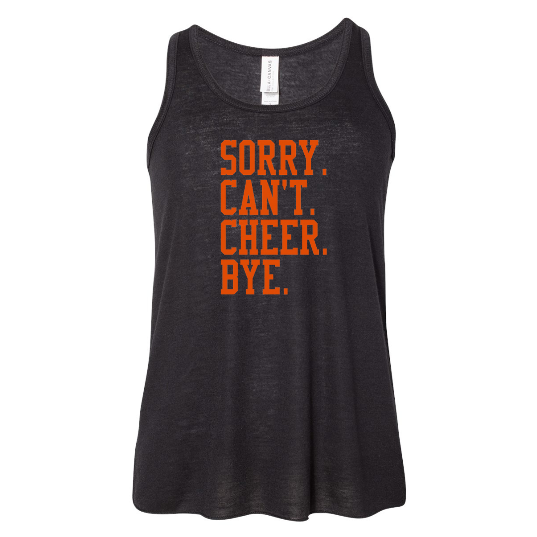 Sorry. Can't. Cheer. Bye. in Orange Racerback Tank on Black-YOUTH-Lemons and Limes Boutique