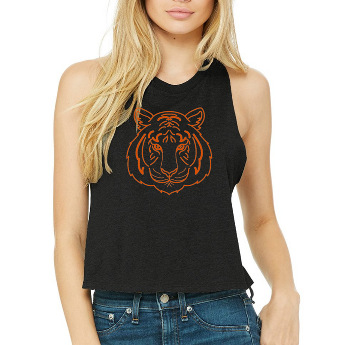 Orange Tiger Face Cropped Muscle Tank on Black--Lemons and Limes Boutique