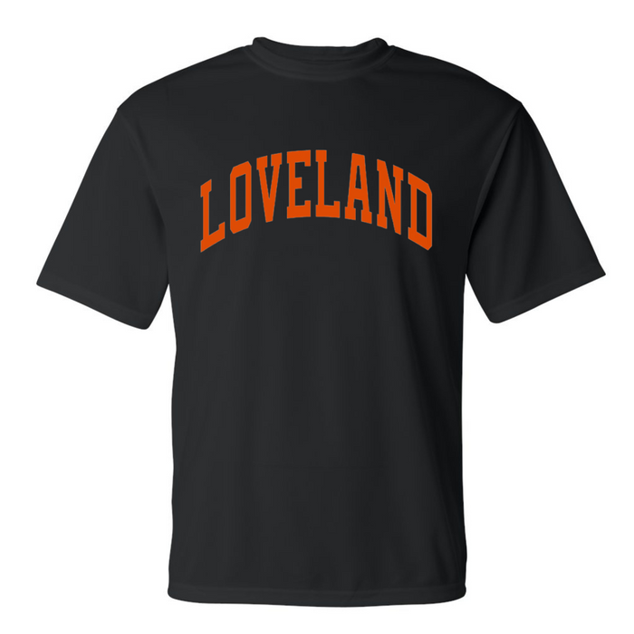 Loveland Curved Performance T-Shirt on Black--Lemons and Limes Boutique