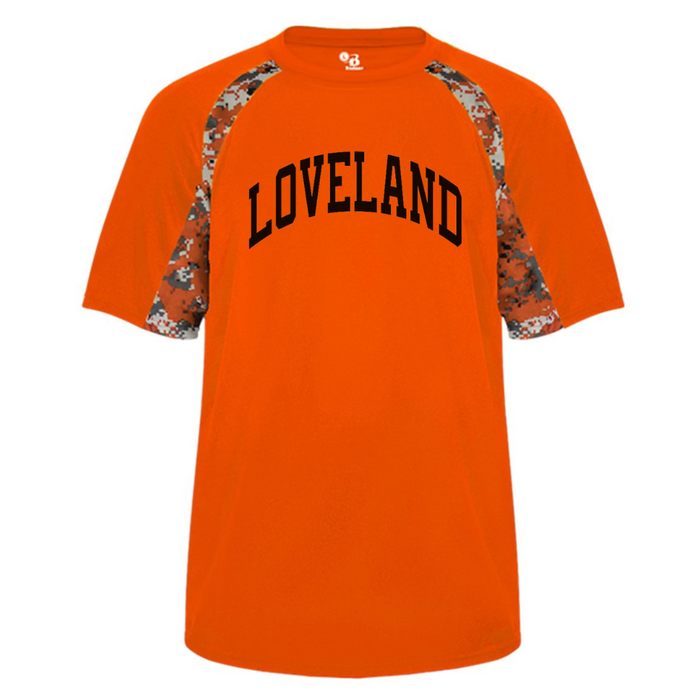 Loveland Curved Performance T-Shirt on Orange Digital--Lemons and Limes Boutique