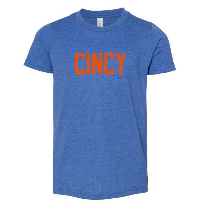 Cincy Orange T-Shirt on Heathered Royal- YOUTH--Lemons and Limes Boutique