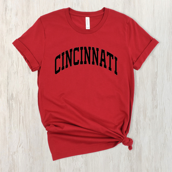 Cincinnati Black Block Curve T-Shirt on Red--Lemons and Limes Boutique
