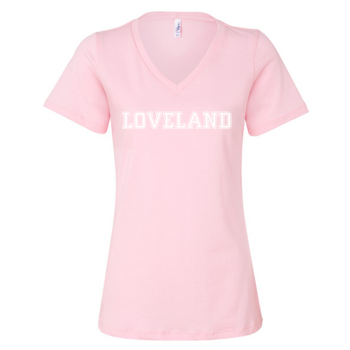 Block Loveland V-Neck T-Shirt on Pink--Lemons and Limes Boutique