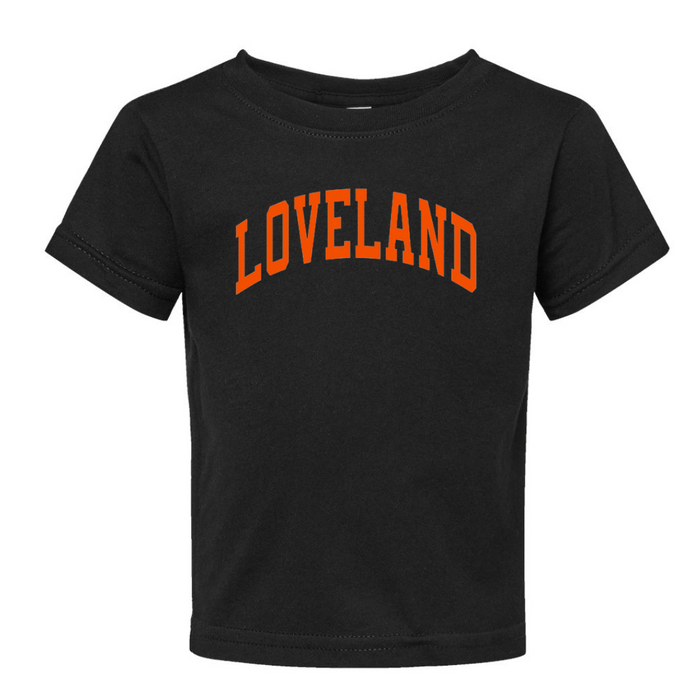 Curved Block Loveland Classic T-Shirt on Black-TODDLER-Graphic Tees-Lemons and Limes Boutique