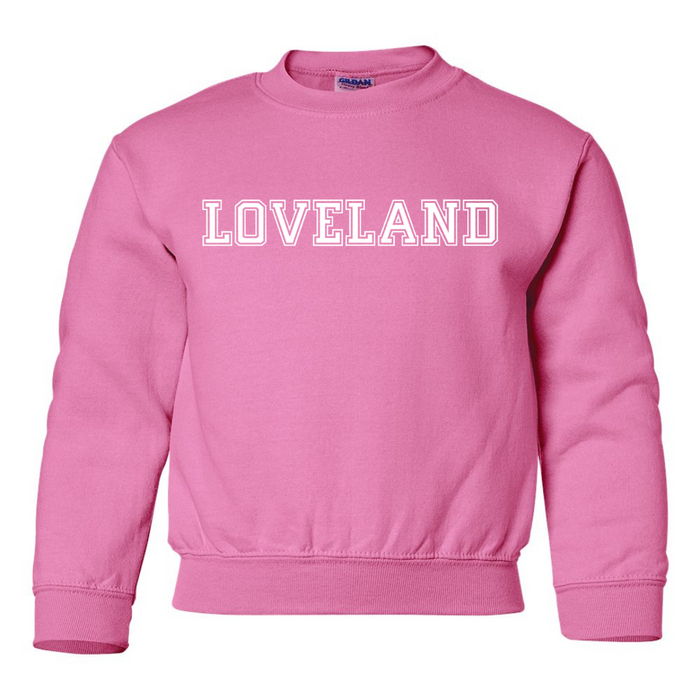 Loveland Block Crewneck Sweatshirt on Bubblegum Pink- Youth--Lemons and Limes Boutique