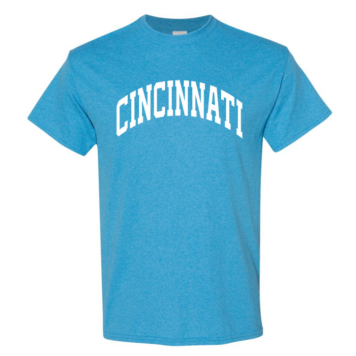 Cincinnati Block Curve T-Shirt on Heathered Sapphire--Lemons and Limes Boutique