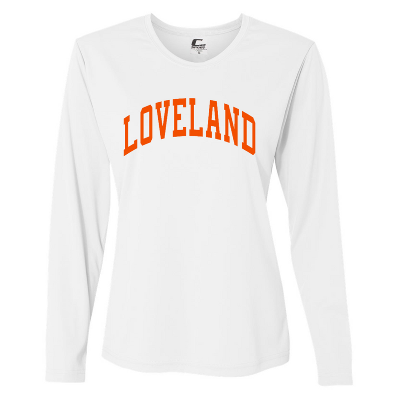 Loveland Curved Ladies Long Sleeve Performance T-Shirt-Graphic Tee-White with Orange-XSmall-Lemons and Limes Boutique