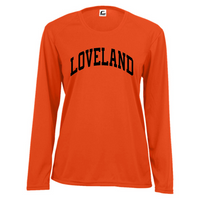 Loveland Curved Ladies Long Sleeve Performance T-Shirt-Graphic Tee-Orange with Black-XSmall-Lemons and Limes Boutique