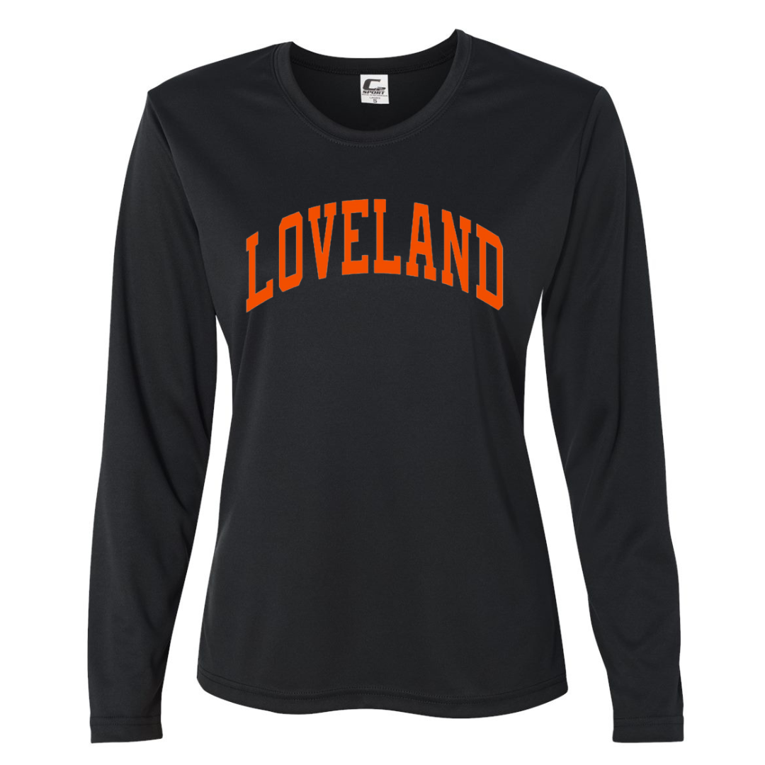 Loveland Curved Ladies Long Sleeve Performance T-Shirt-Graphic Tee-Black with Orange-XSmall-Lemons and Limes Boutique