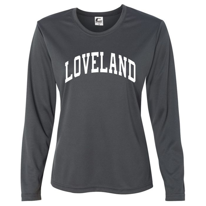 Loveland Curved Ladies Long Sleeve Performance T-Shirt-Graphic Tee-Gray with White-XSmall-Lemons and Limes Boutique